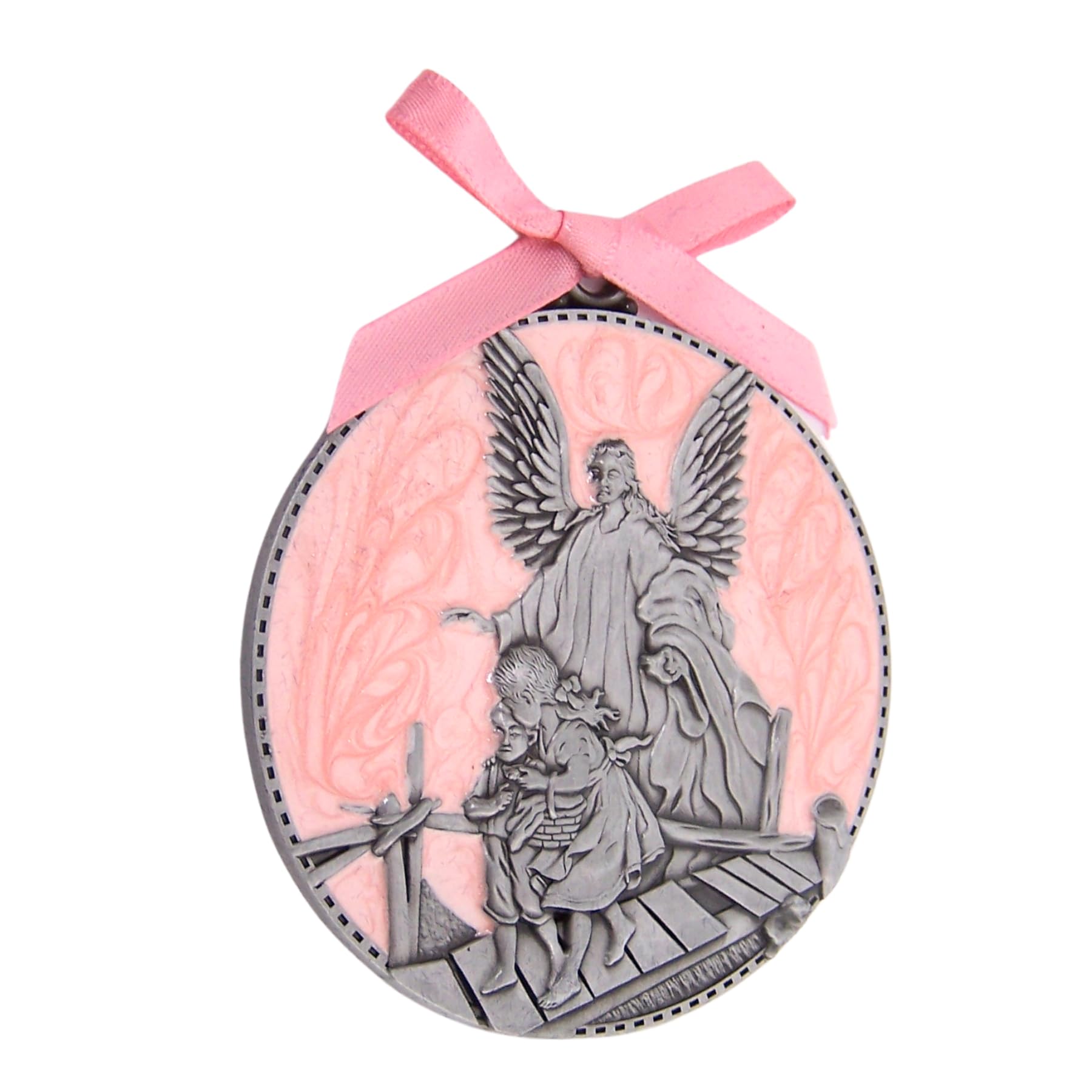Wowser antique pewter angel medal with pink enamel accents for nursery decor