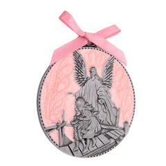 Wowser antique pewter angel medal with pink enamel accents for nursery decor