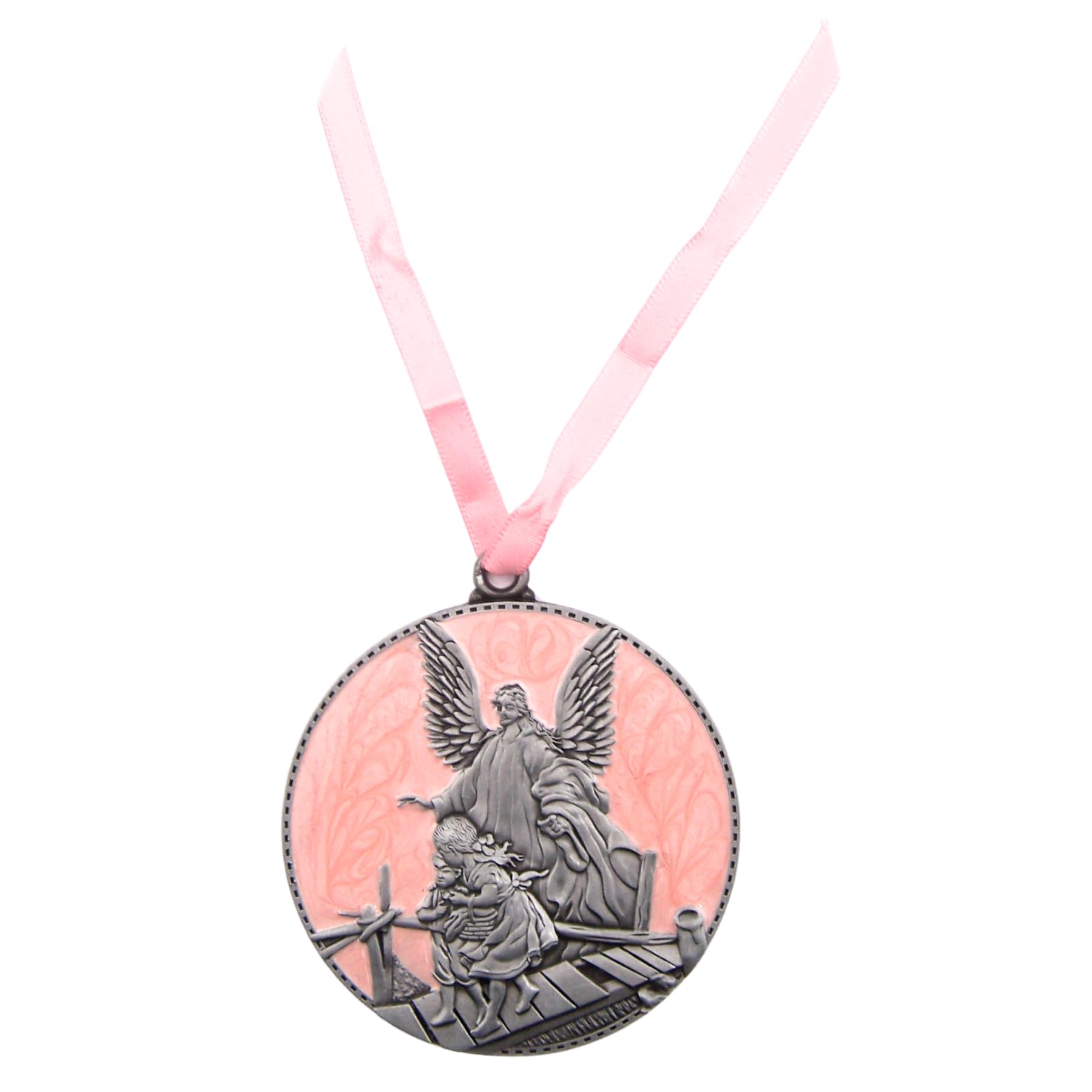 Wowser crib medal showing guardian angel and ribbon for hanging