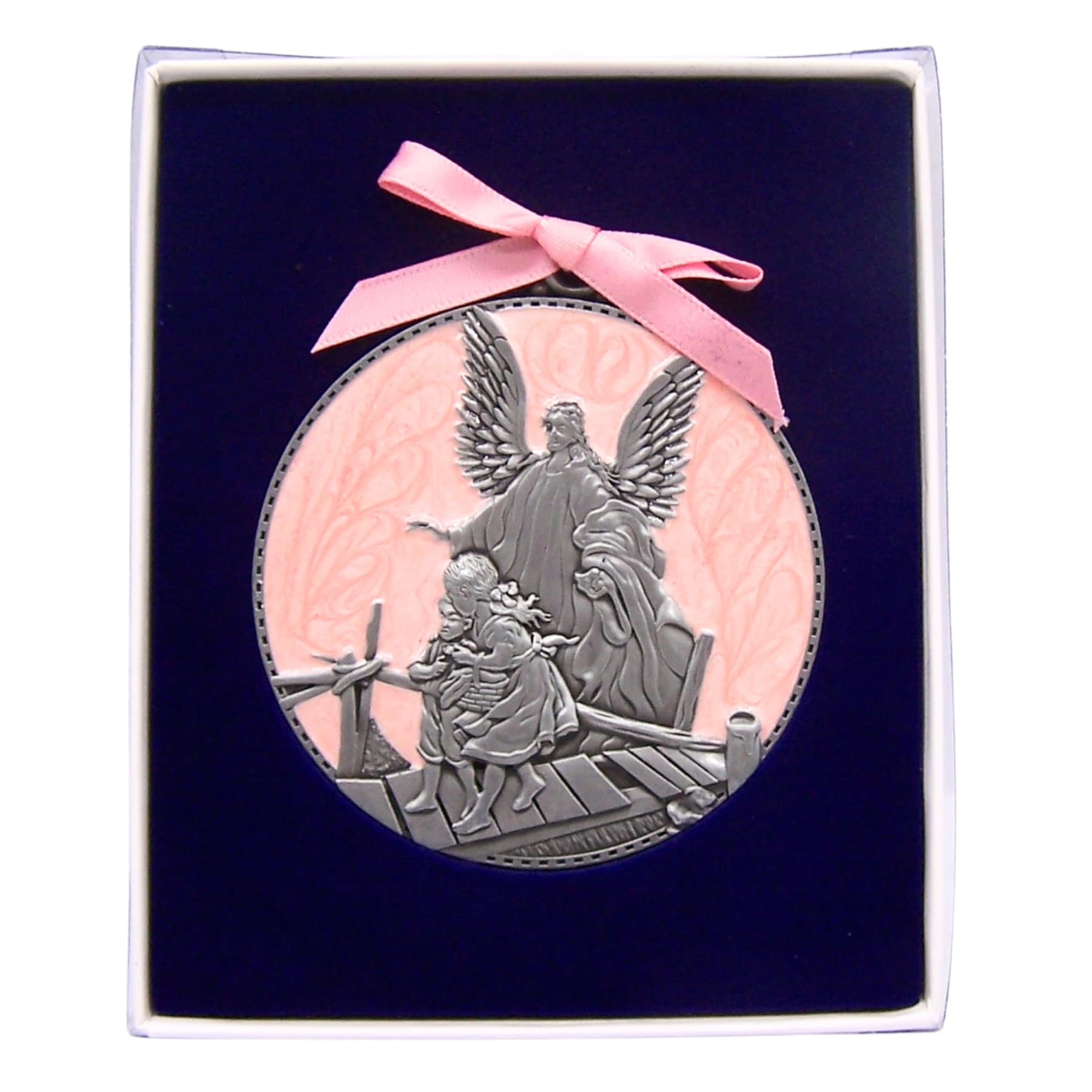 Wowser guardian angel enamel detail on antique pewter medal for crib