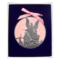 Wowser guardian angel enamel detail on antique pewter medal for crib