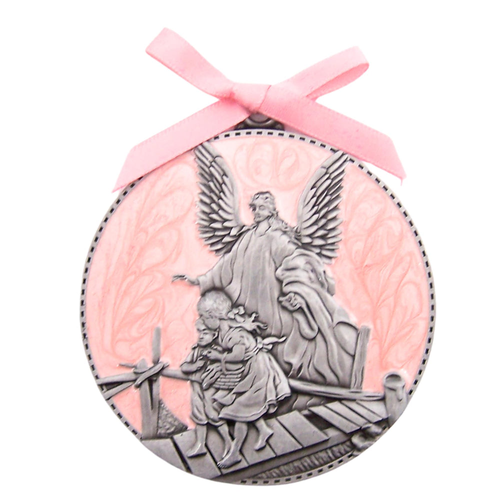 Wowser pink guardian angel crib medal with ribbon for easy nursery hanging