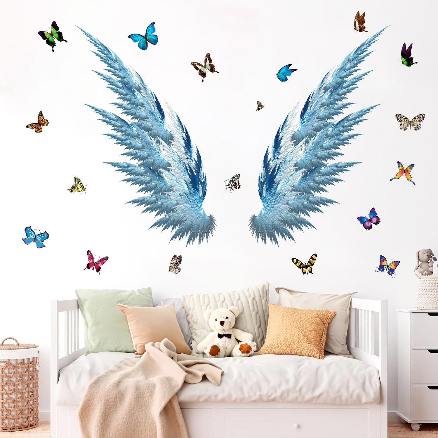 WOYINIS blue angel wings wall sticker for living rooms, durable vinyl décor.