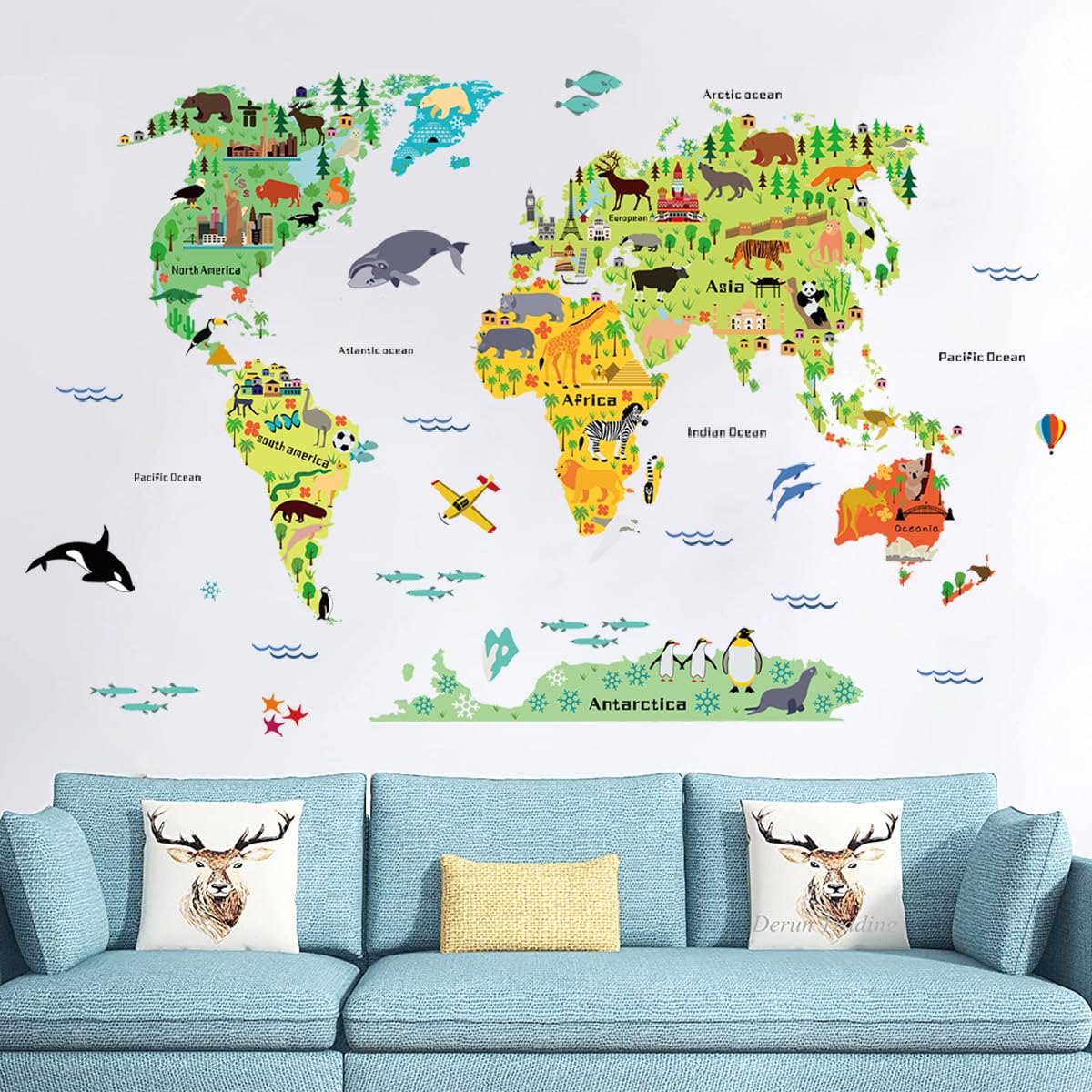 WOYINIS world map decal with abstract blocks in bright colors for engaging room decor.