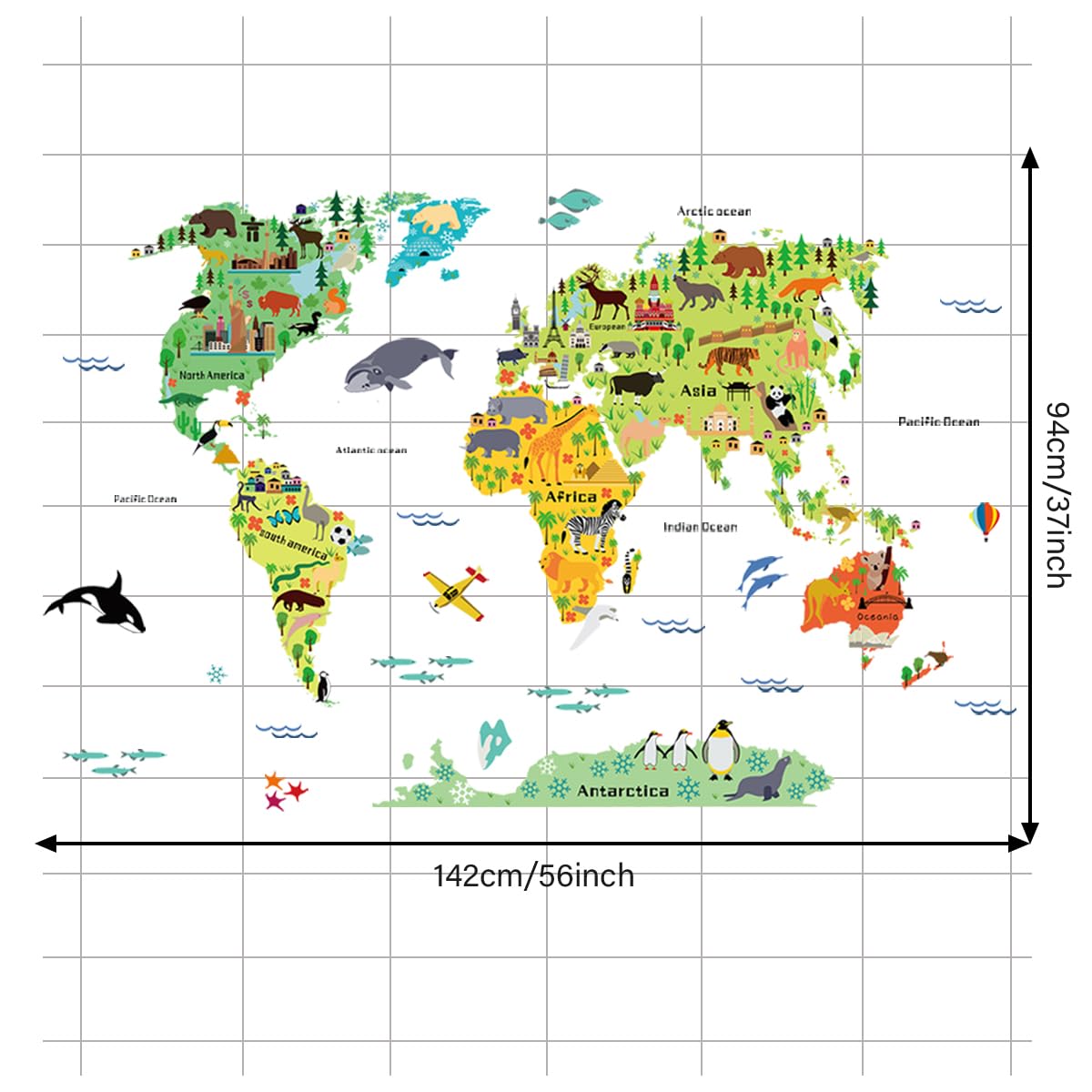 WOYINIS colorful map wall sticker shows continents and animals to spark play and learning.