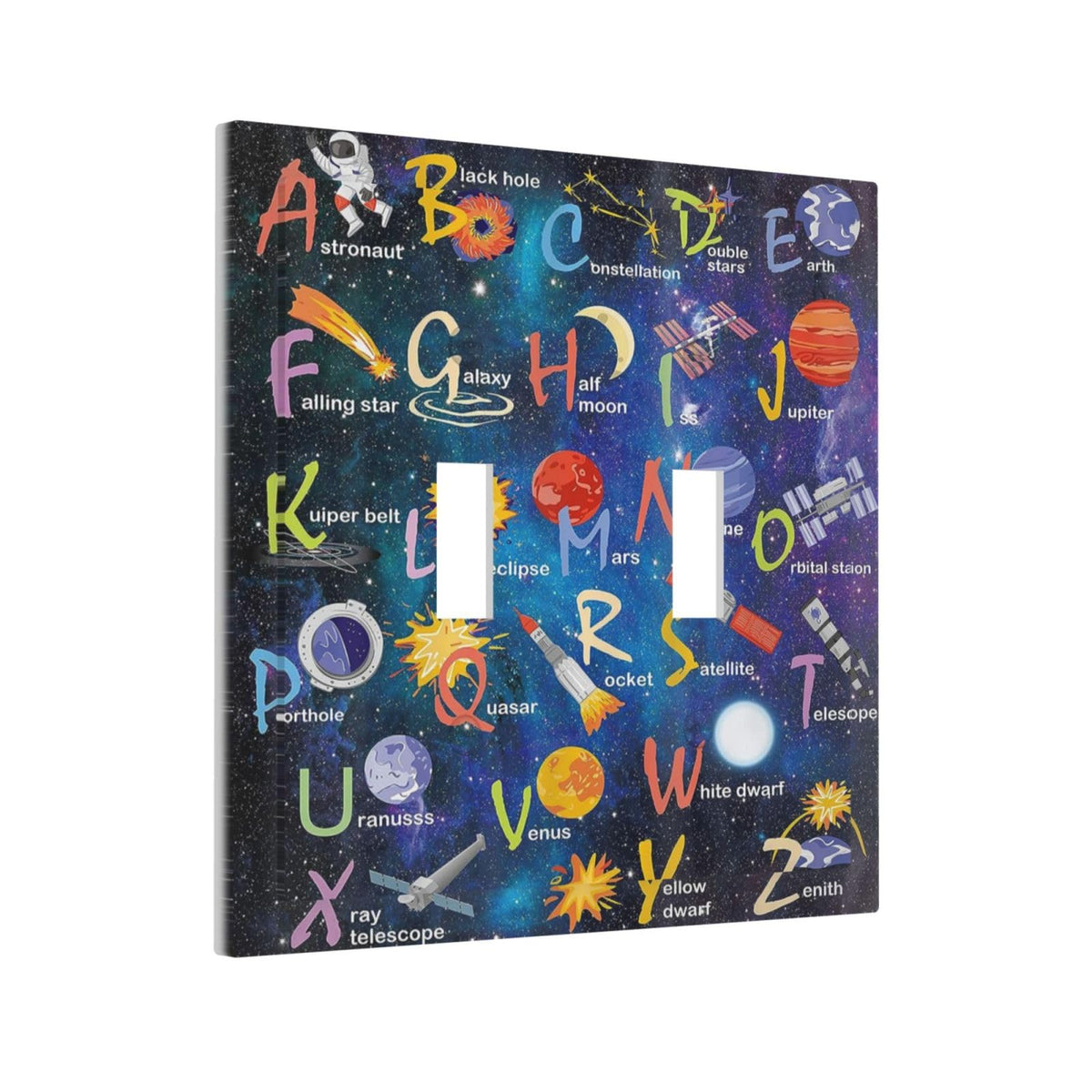 Wpshijia ABC outer space 2-gang switch cover adds playful galaxy flair to kids' rooms.