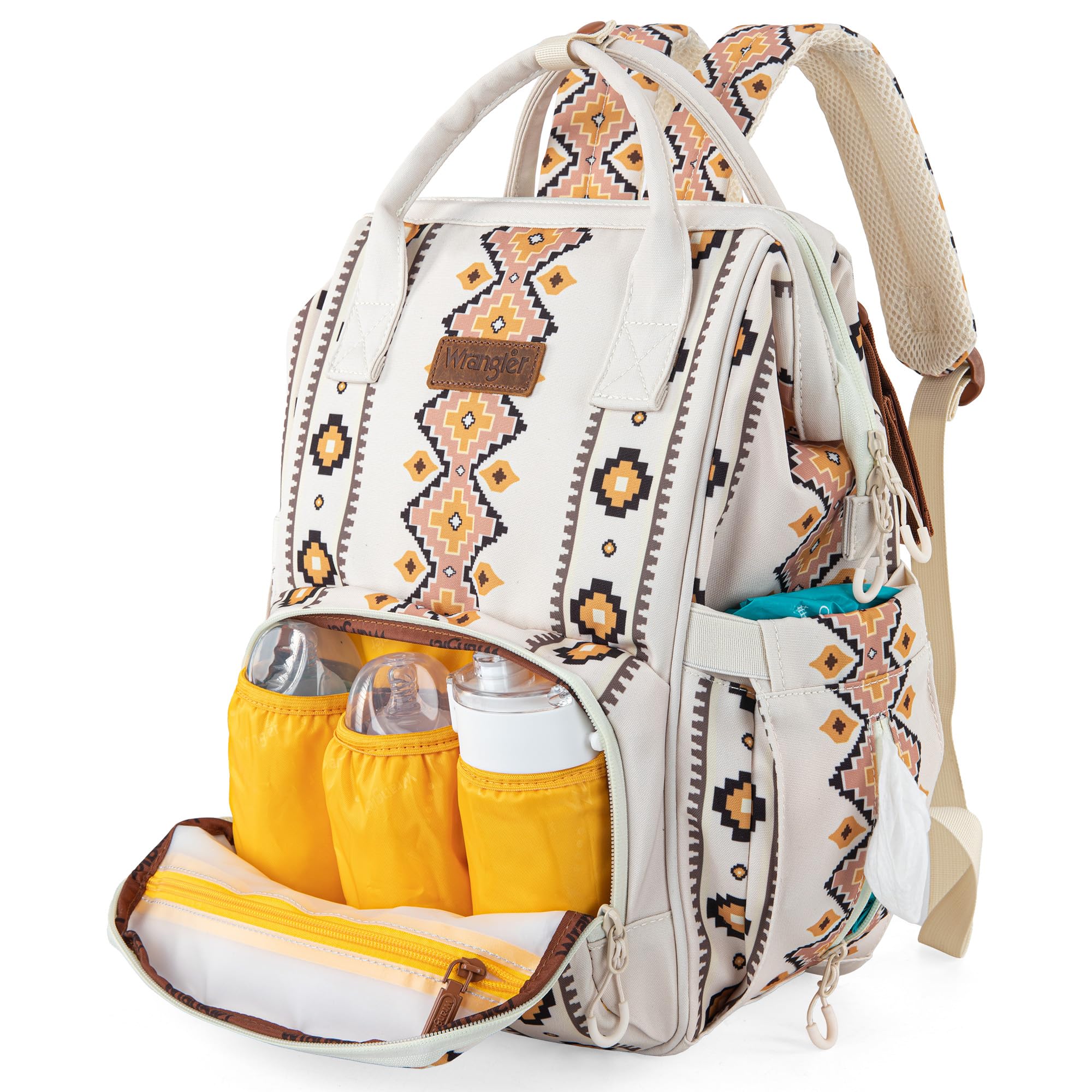 Wrangler Aztec Backpack with three insulated bottle pockets on the side.