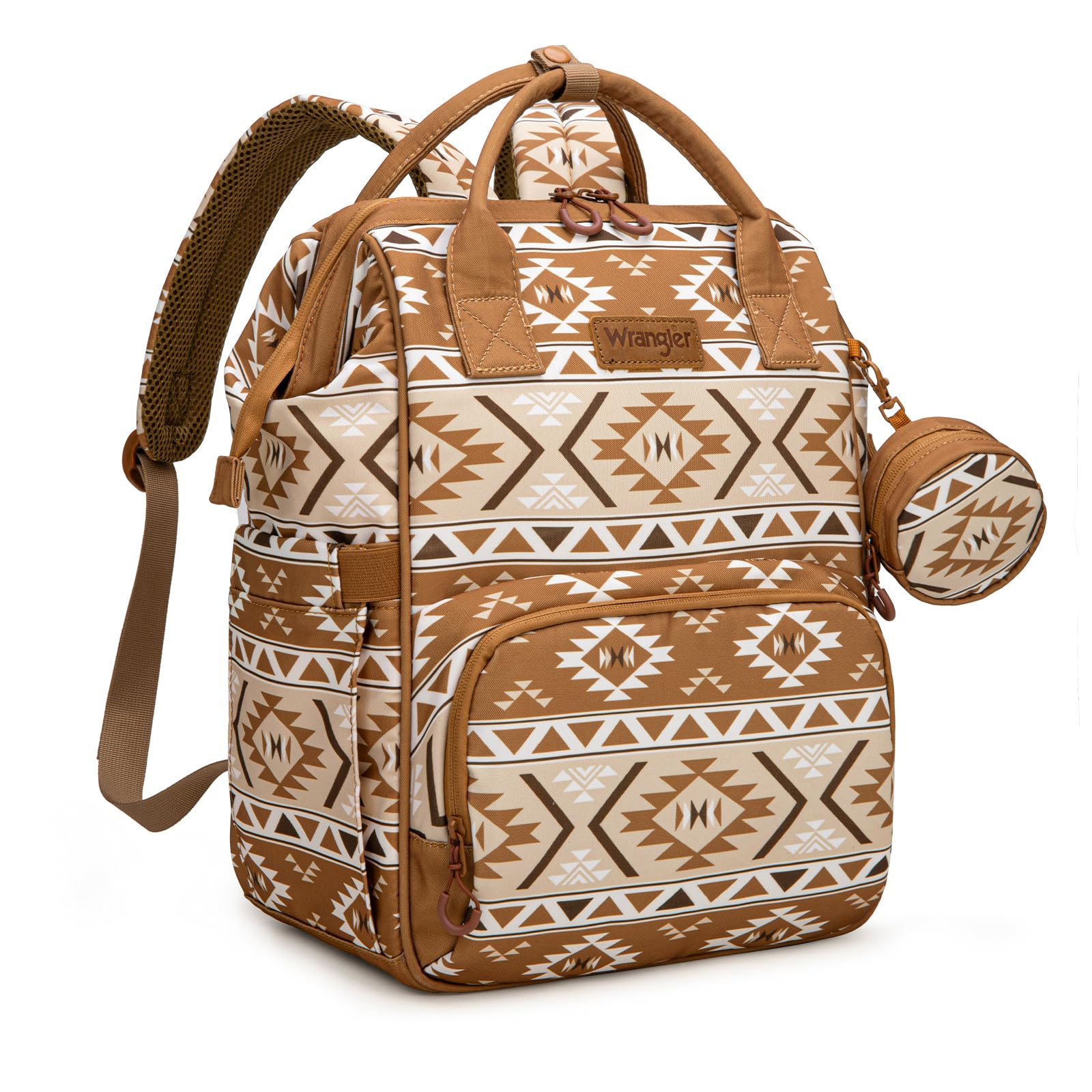Wrangler Aztec Backpack with changing pad enables on-the-go diaper changes.