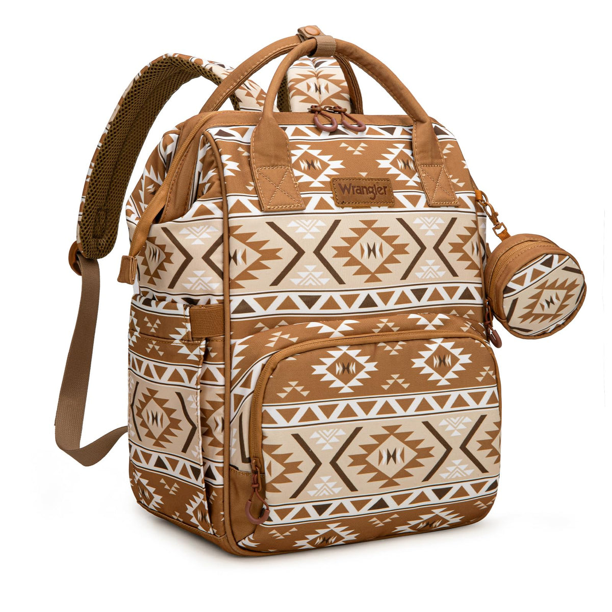 Wrangler Aztec Backpack with changing pad enables on-the-go diaper changes.