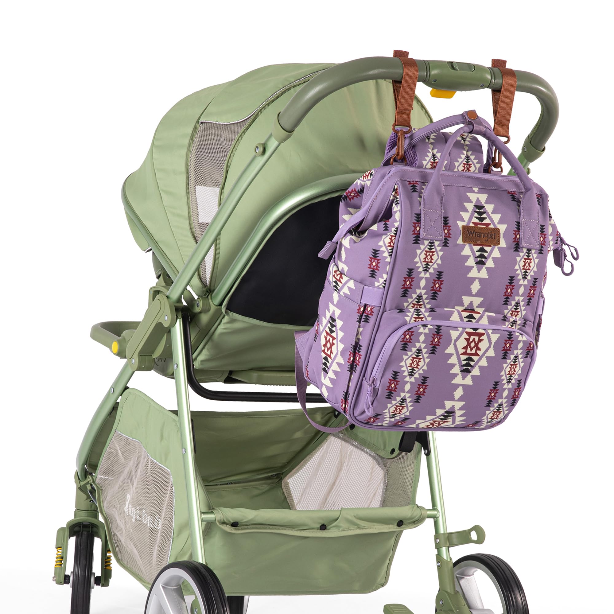 Wrangler Aztec Backpack organization pockets help sort diapers and wipes.