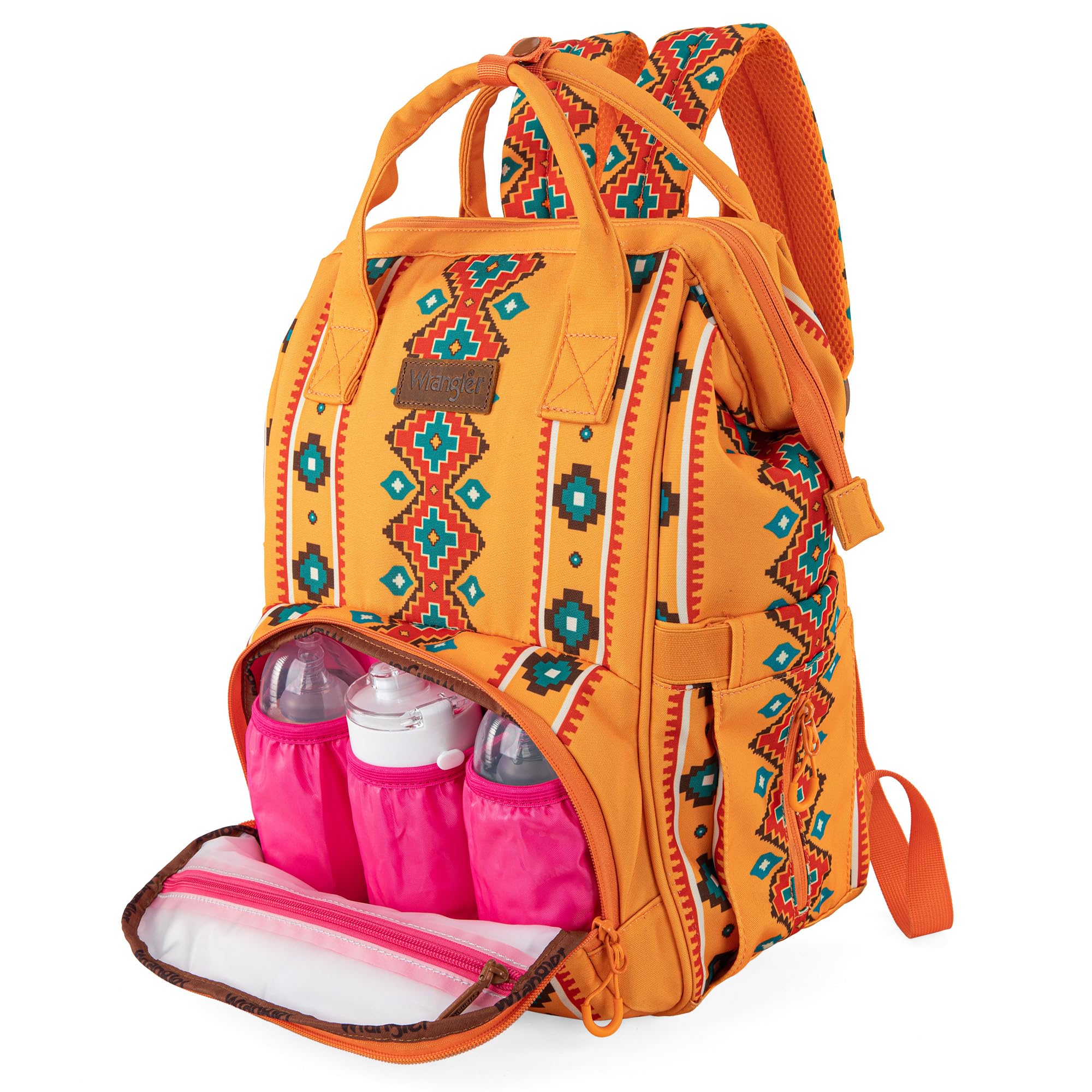 Wrangler Aztec Backpack side bottle pocket keeps drinks within reach on-the-go