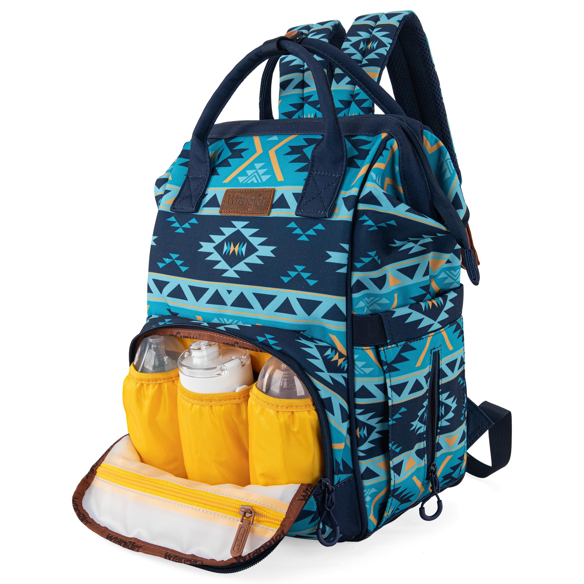 Wrangler Aztec Backpack side bottle pockets provide easy bottle reach.
