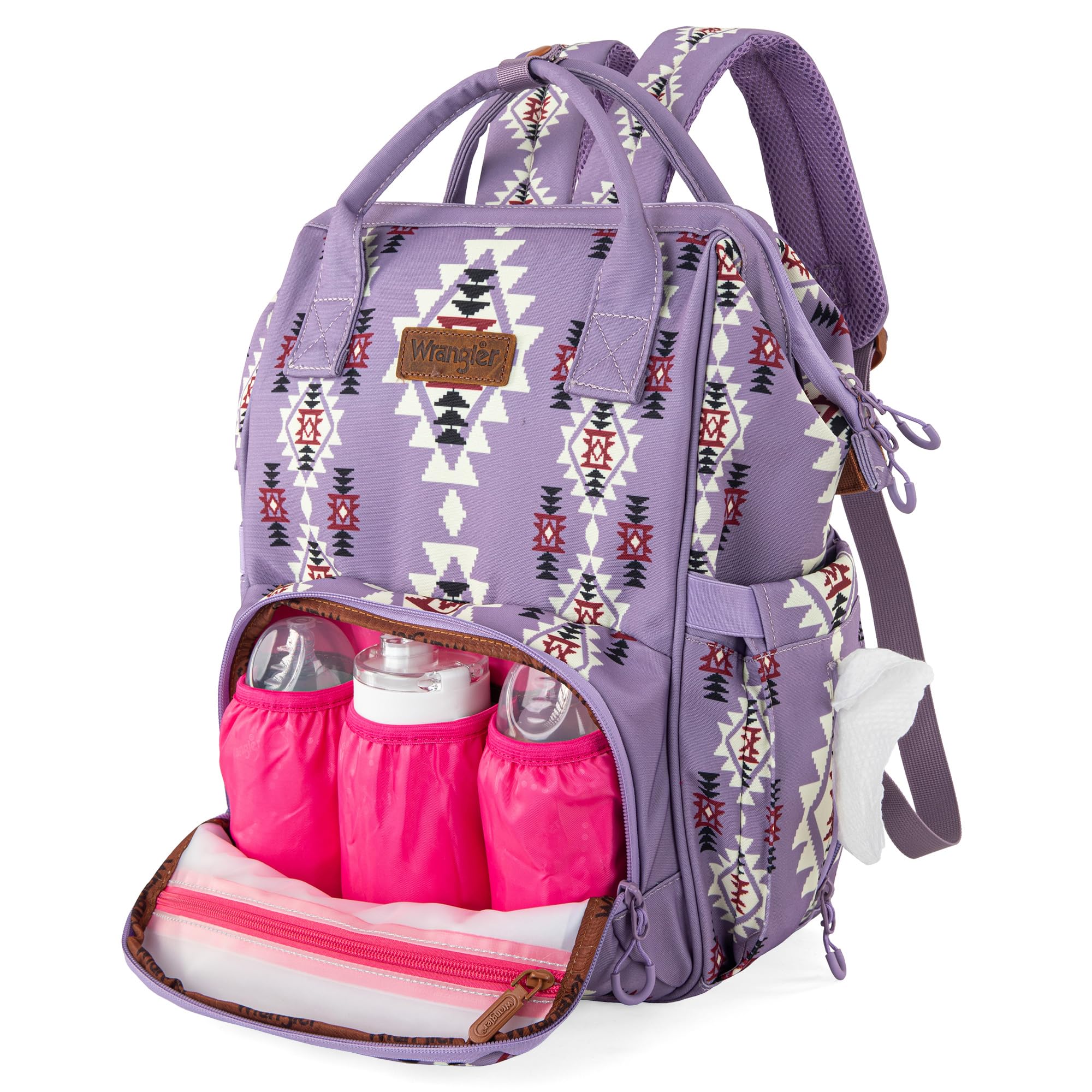 Wrangler Aztec Backpack with stroller strap enables hands-free travel.