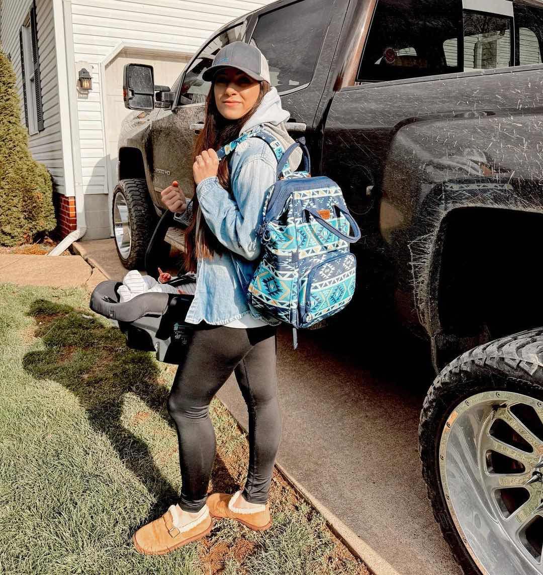 Wrangler Aztec Backpack with stroller strap enables hands-free outings.