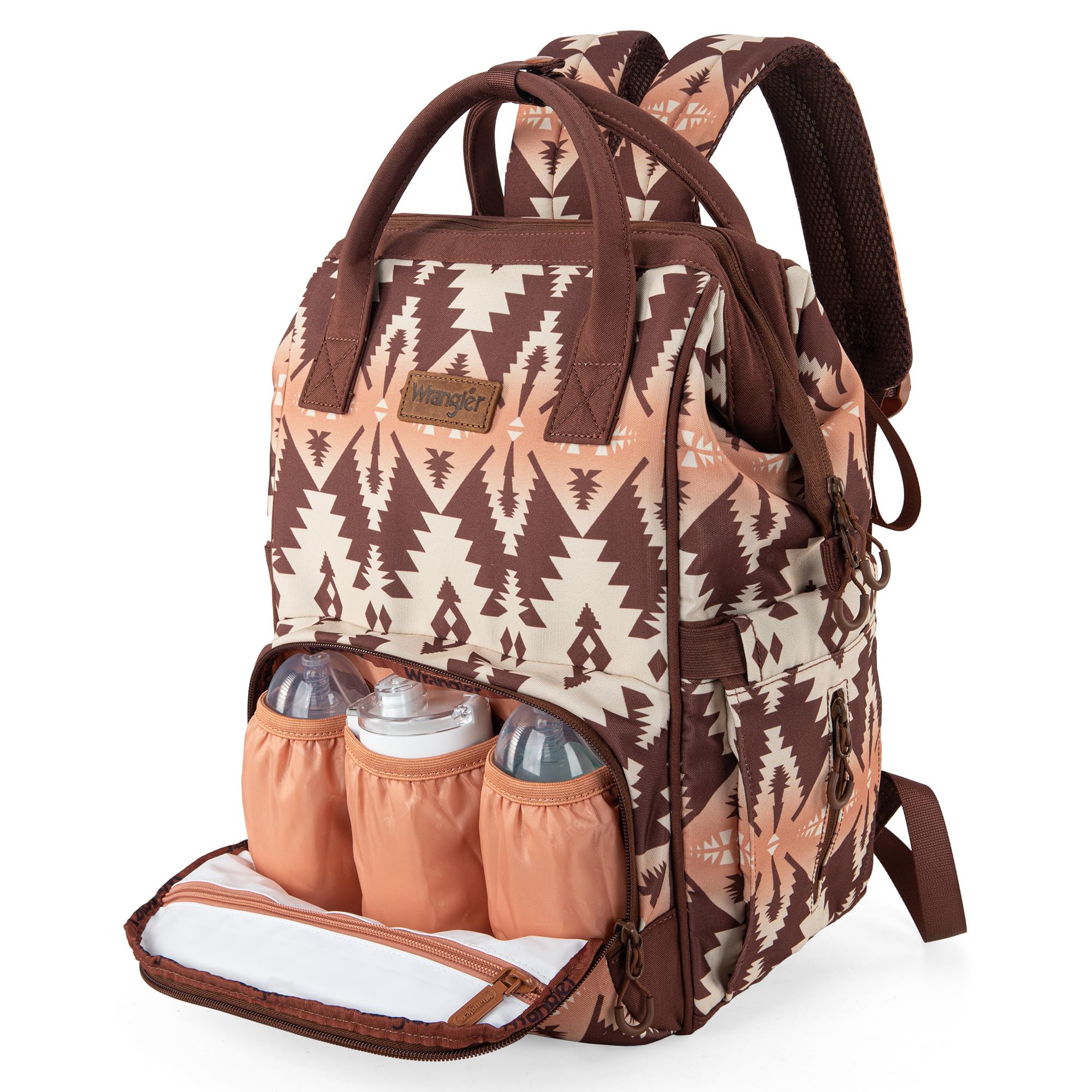Wrangler Aztec Backpack stroller strap keeps hands free for quick errands.