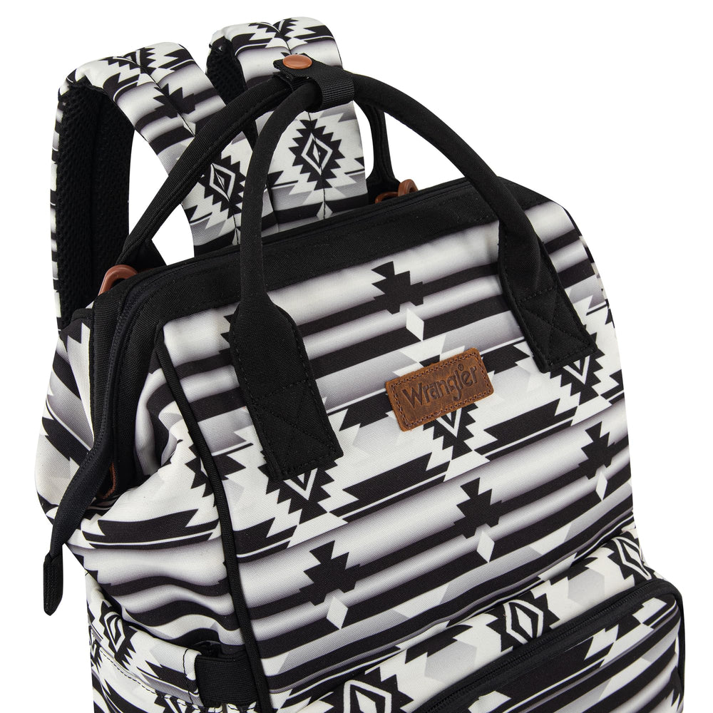 Wrangler Aztec Backpack with stroller strap for hands-free shopping and travel.