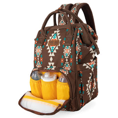 Wrangler Aztec Backpack with stroller strap attached for hands-free travel.