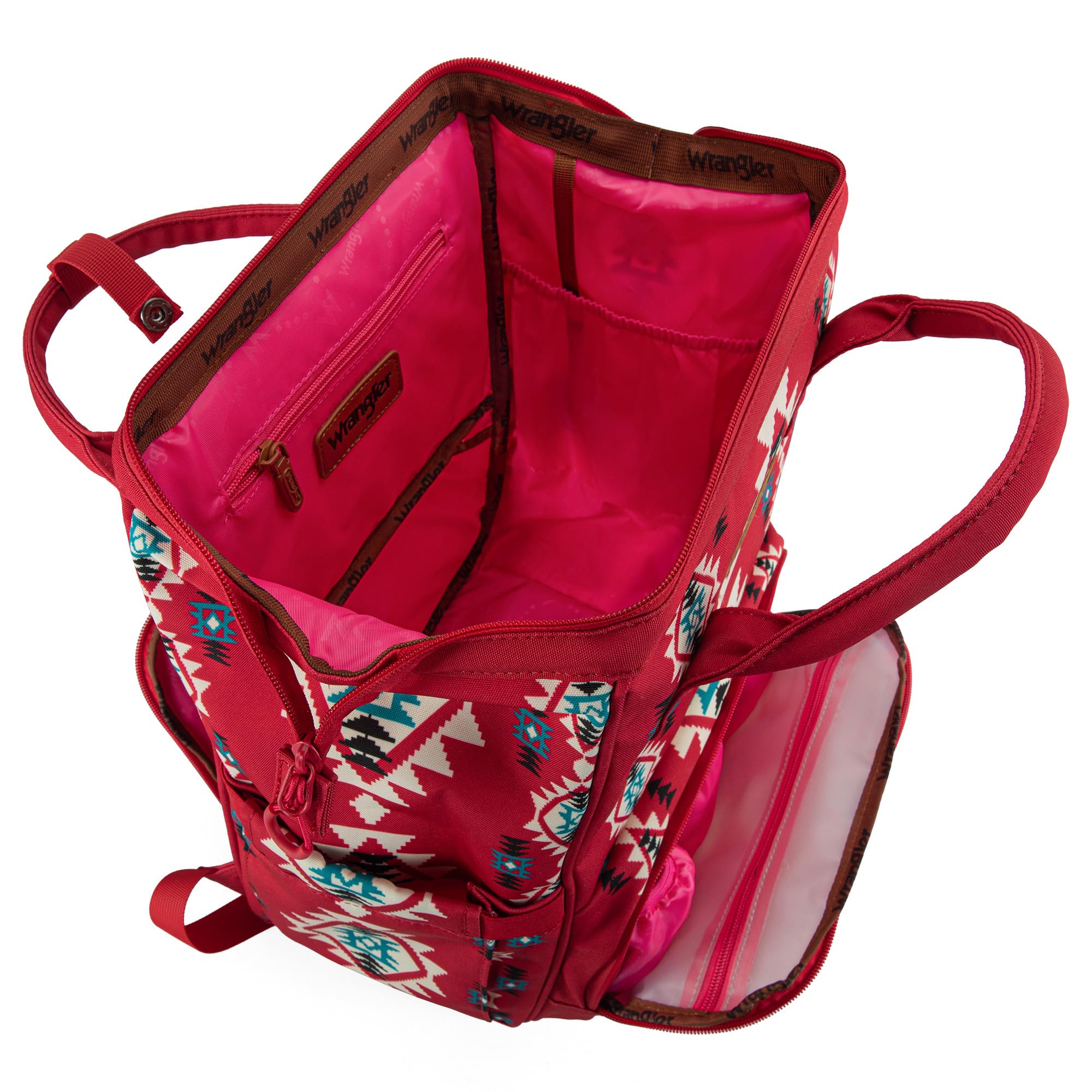 Wrangler Aztec Backpack stroller strap enables hands-free movement with baby