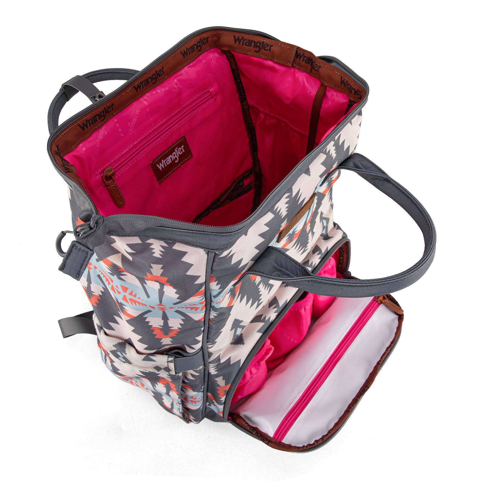 Wrangler Callie diaper bag dimensions show compact yet roomy design.