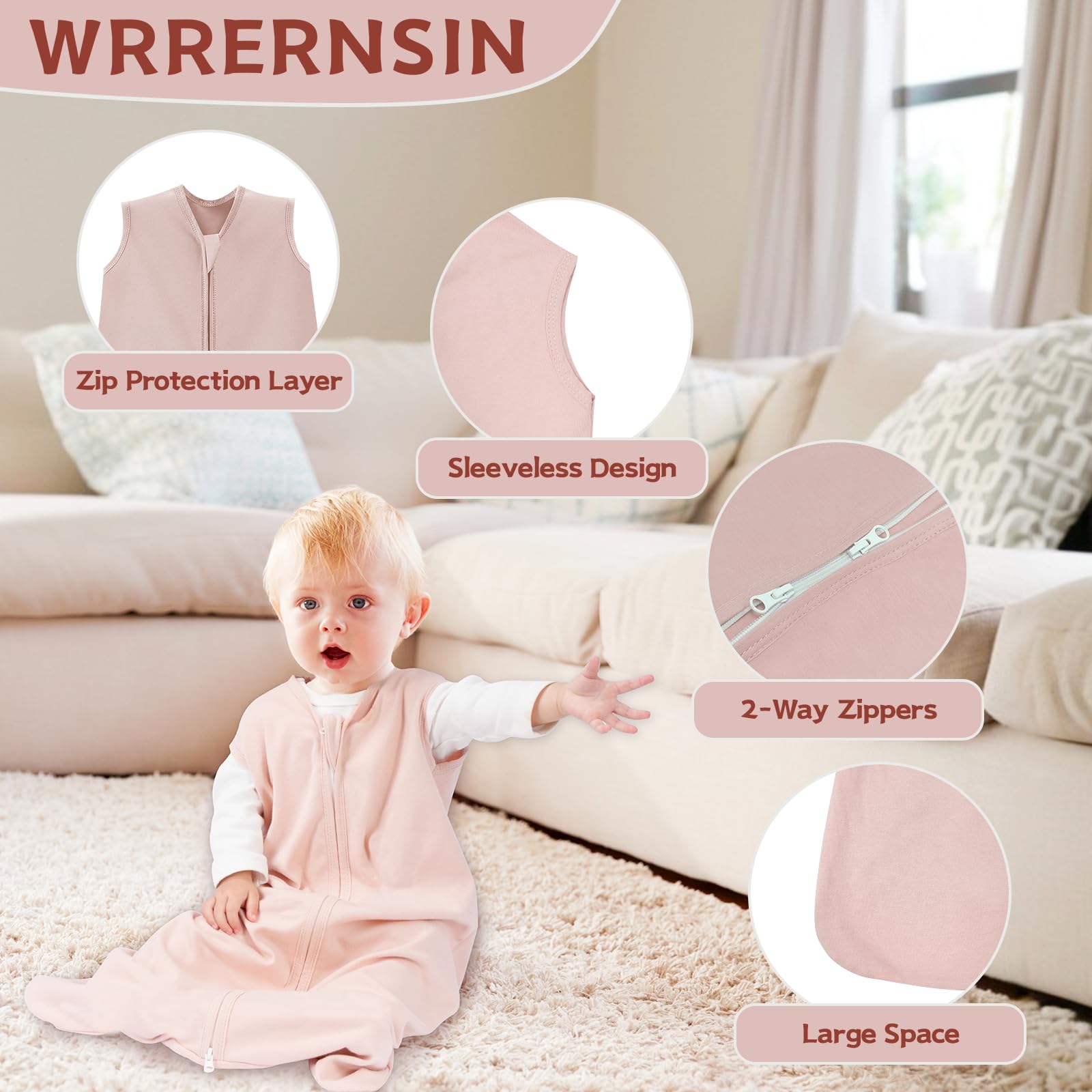 Wrrernsin sleep sack side view highlighting sleeveless design for arm movement.