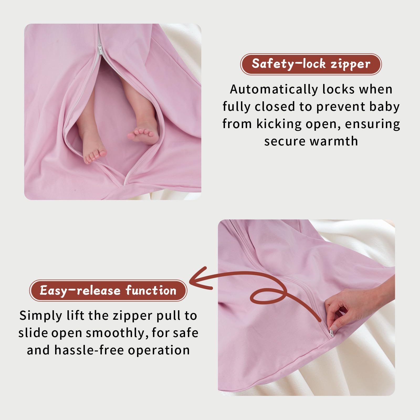 Wrrernsin sleep sack two-way zip close-up for quick diaper changes.