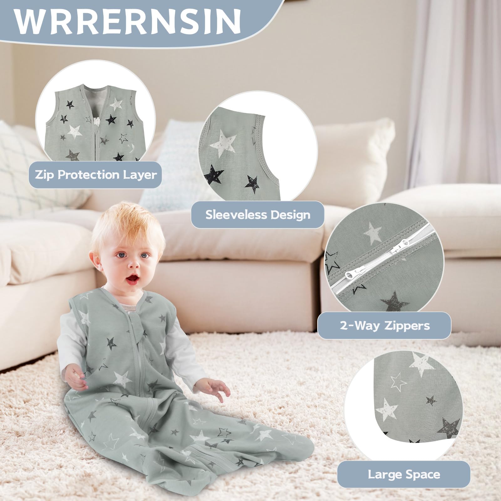 Wrrernsin sleep sack with two-way zipper enables quick diaper changes