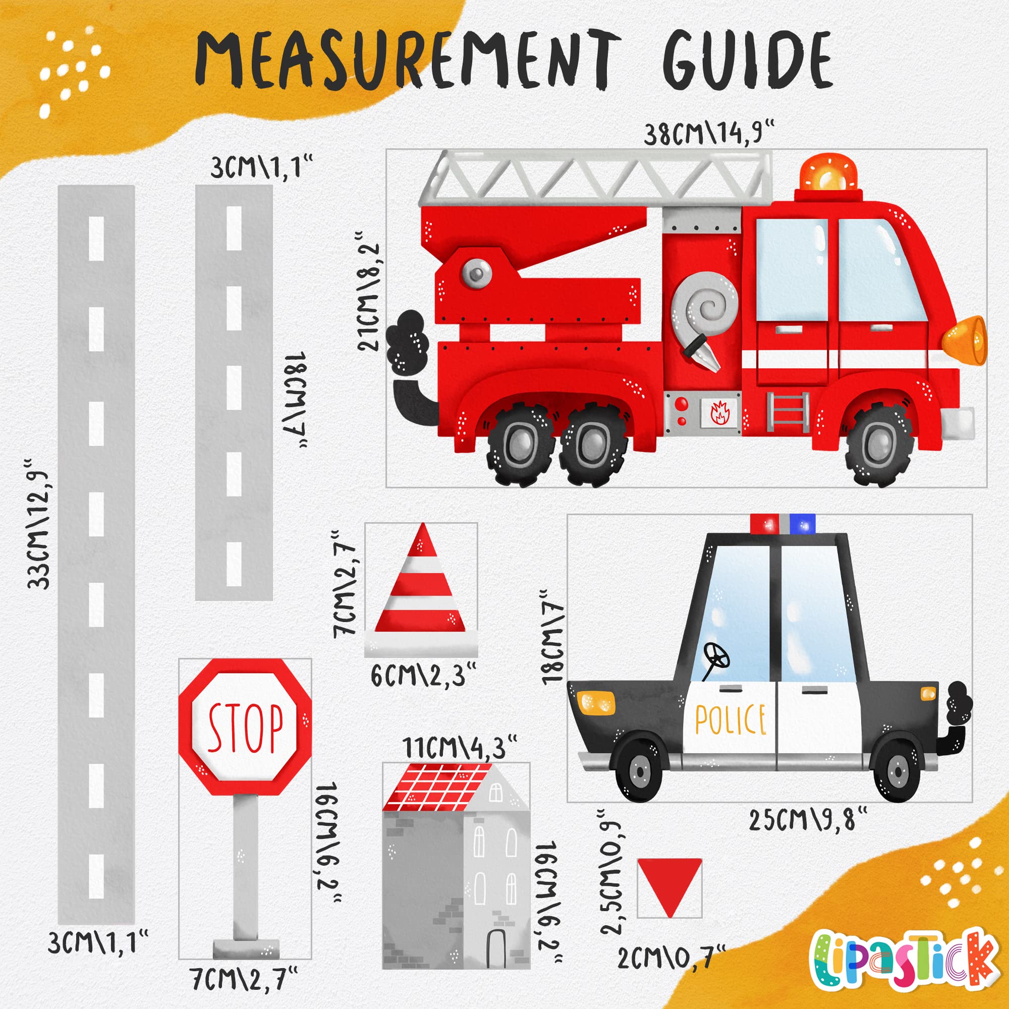 WS Wallpaper Lipastick fire truck wall decal brightens playrooms with action scenes.