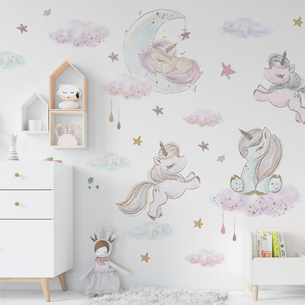 WS Wallpaper Lipastick unicorn wall decals with glitter moon for dreamy girls' rooms.