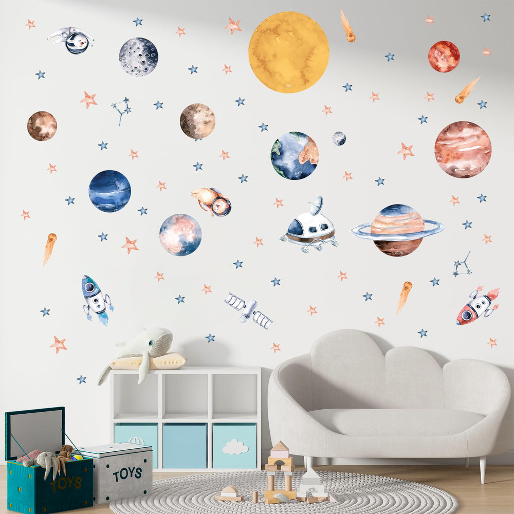 WS Wallpaper space rocket stickers encourage imaginative play on bedroom walls