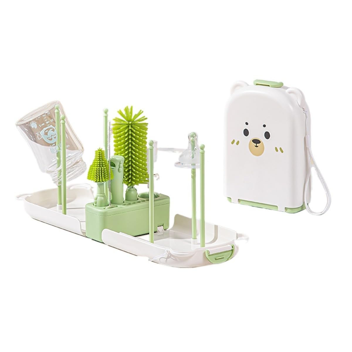 WTOW baby bottle brush set with bear case for travel cleaning and organization.