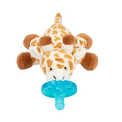Close-up of Wubbanub Giraffe pacifier with silicone teat and plush