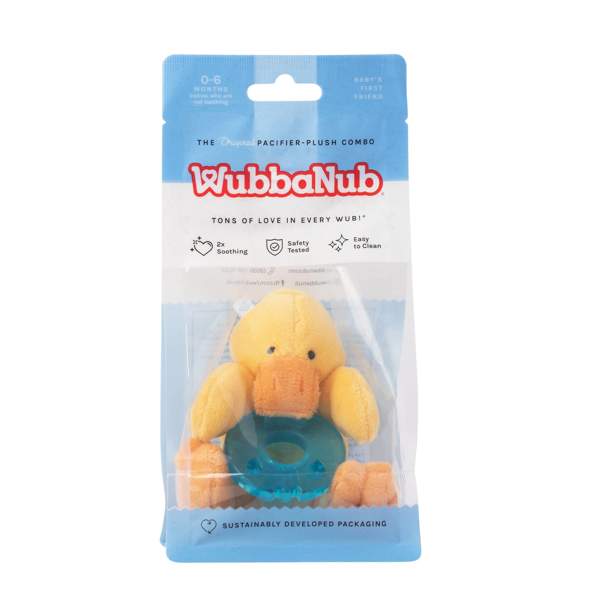 WubbaNub pacifier distributed in hospitals and NICUs for newborn use.