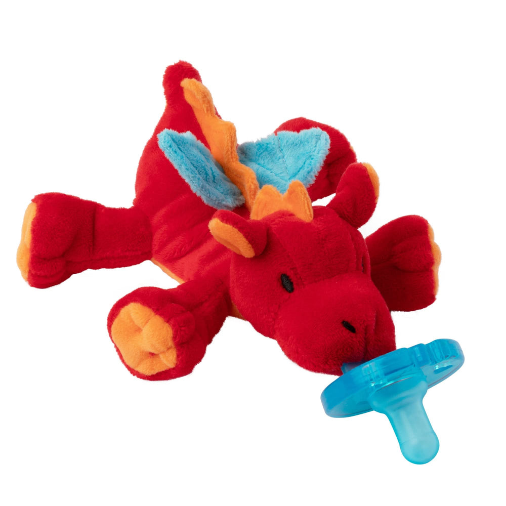 WubbaNub infant pacifier with red dragon plush offers soothing comfort for newborns.