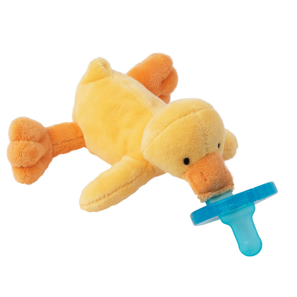 WubbaNub infant pacifier with yellow duck plush for easy handling.