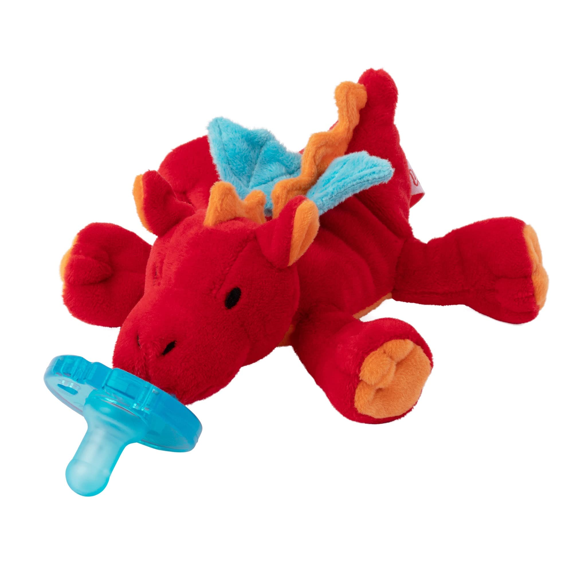 WubbaNub red dragon baby holding pacifier promotes secure grip and tactile play.