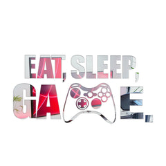 Wumuzai Eat Sleep Game silver mirror decal on wall adds gaming room depth