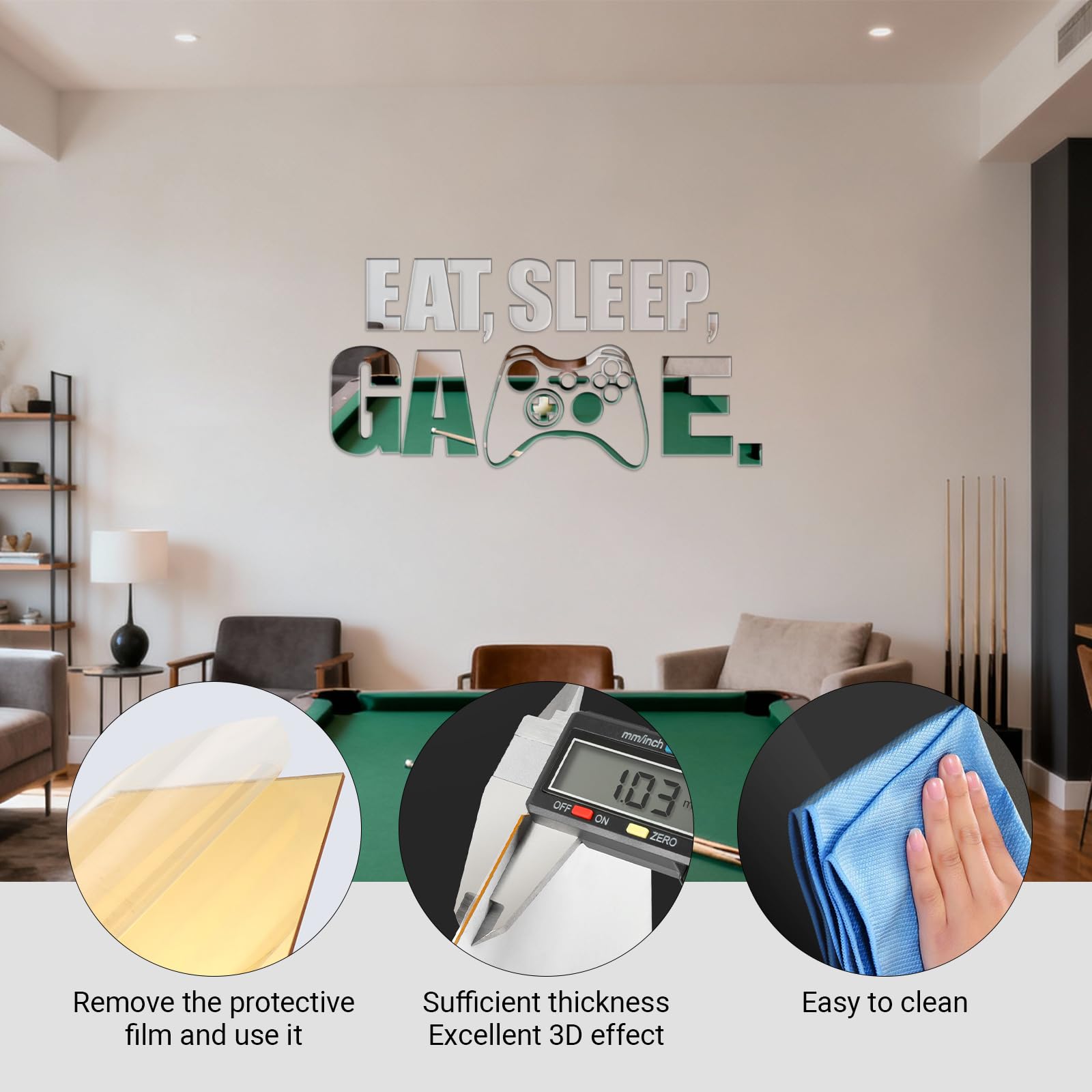 Wumuzai Eat Sleep Game silver decal enhances modern gamer wall art