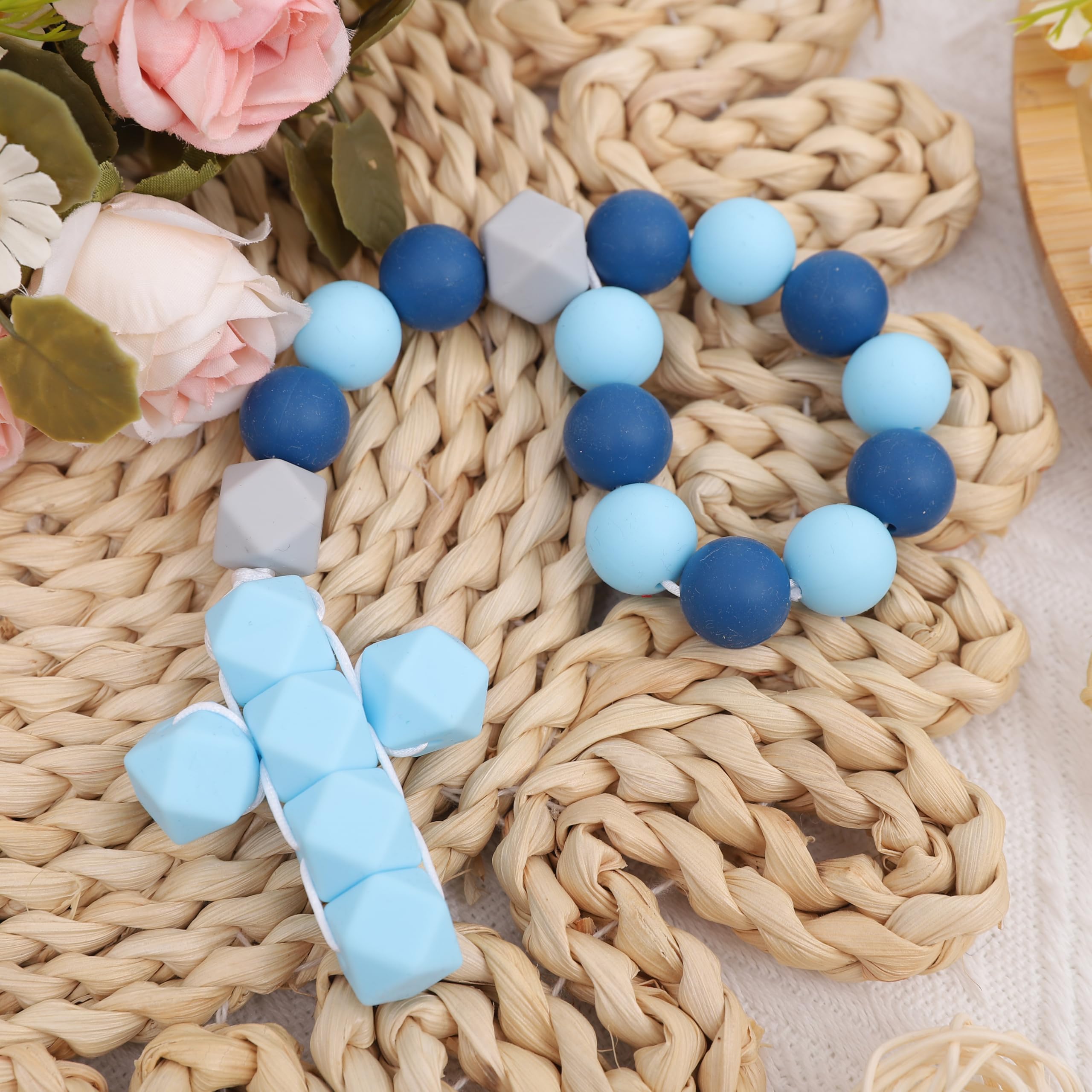 WUTKYAX Blue rosary decor on shelves or beds for gentle ambiance.