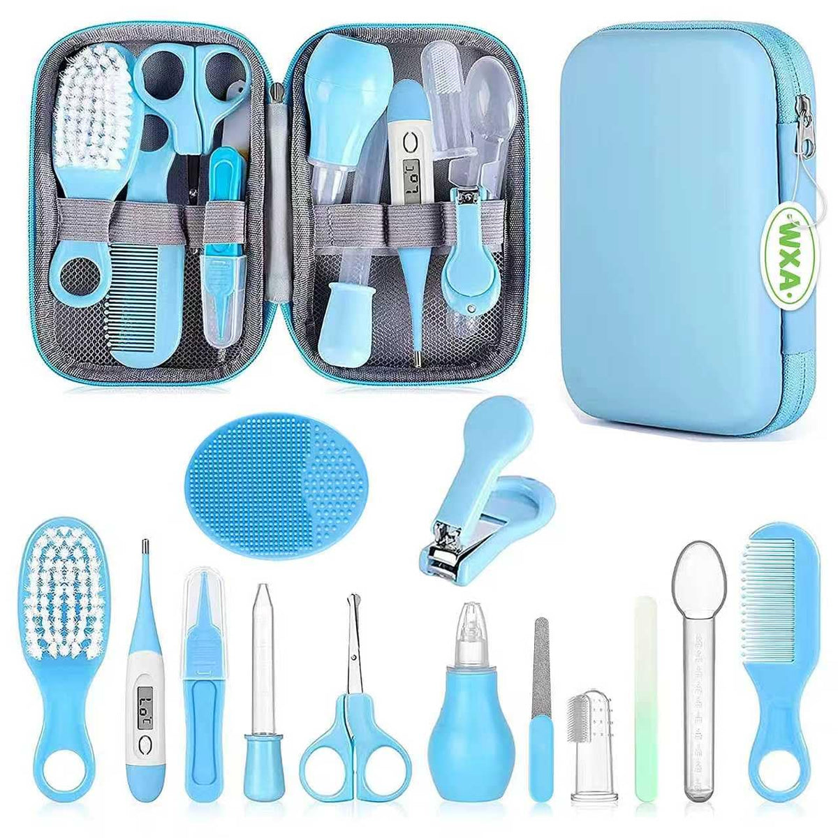WXA baby grooming kit contents organized in a compact EVA bag for travel