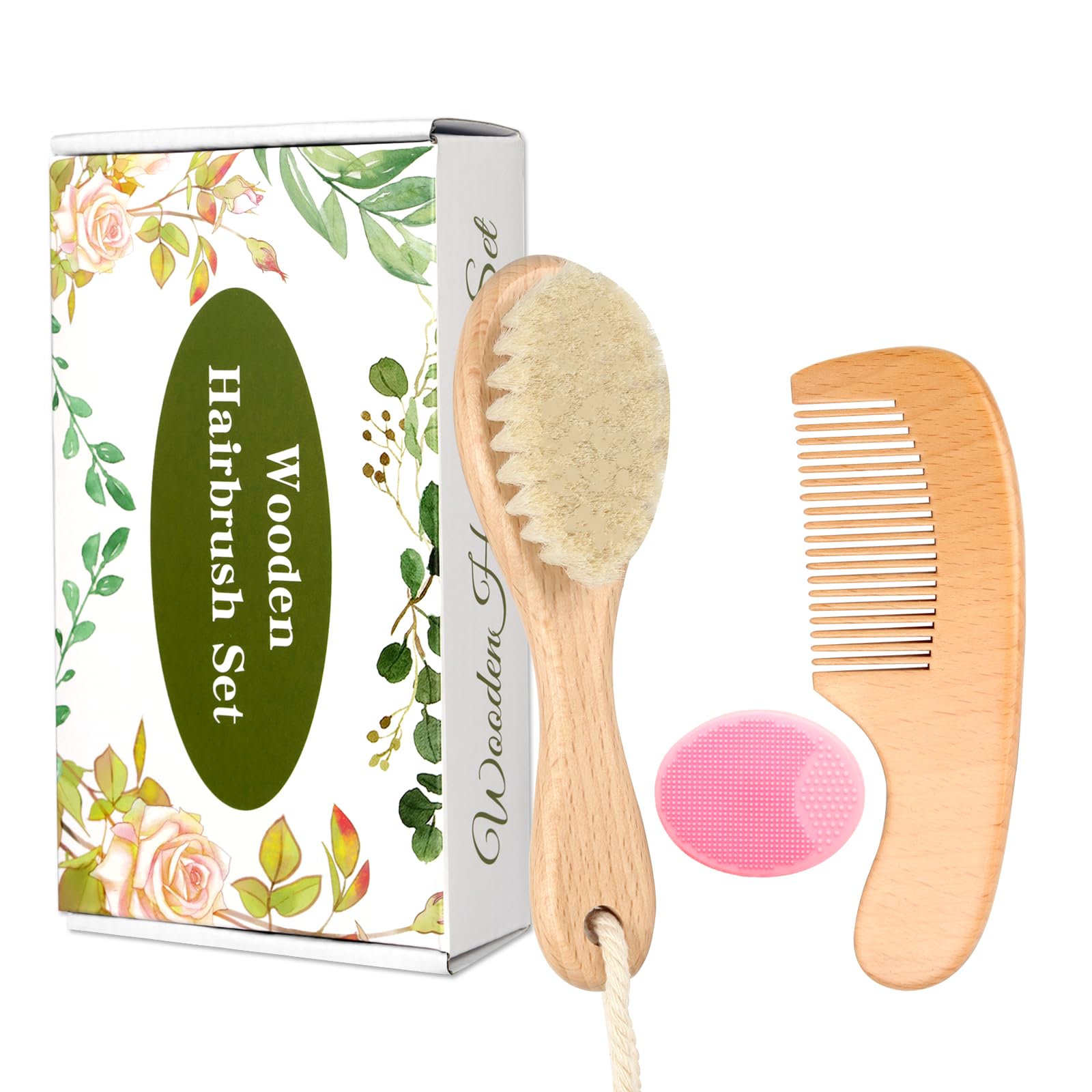 WXA pink wooden baby hair brush for gentle grooming and scalp massage.