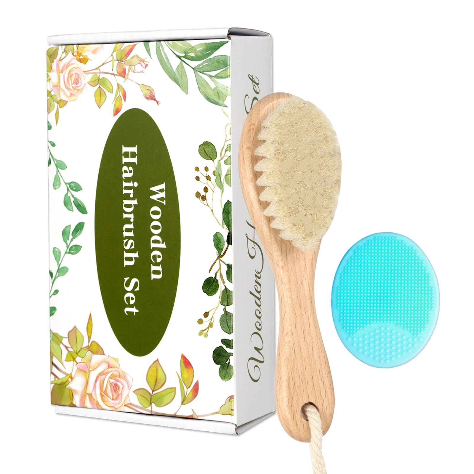 WXA wooden brush with goat bristles for gentle baby grooming and scalp massage.