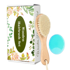 WXA wooden brush with goat bristles for gentle baby grooming and scalp massage.