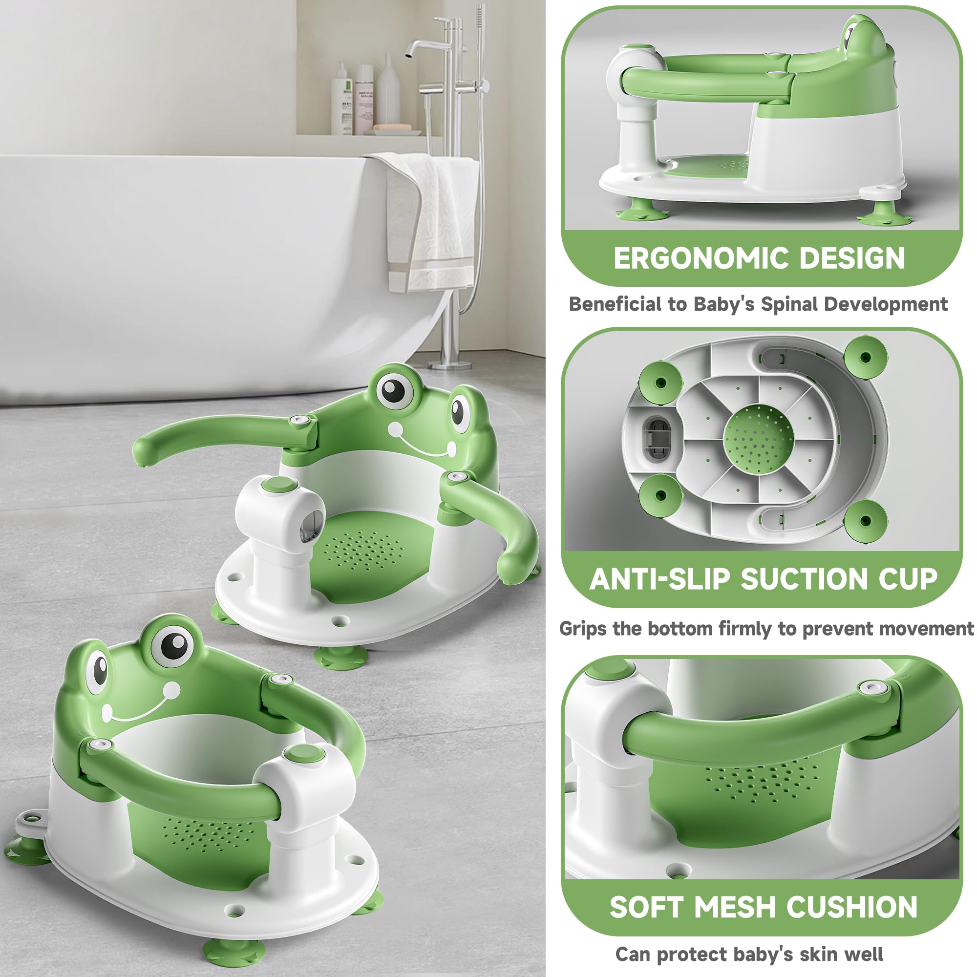 WyfKyd bath seat features soft cushion for comfortable support.