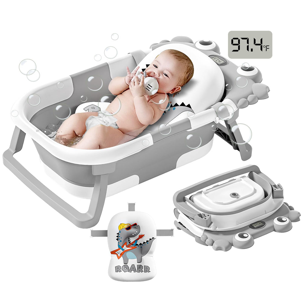 WyfKyd collapsible baby bathtub folded for compact storage in grey.