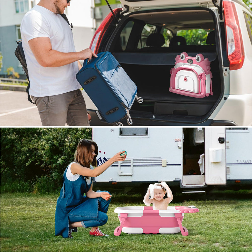 WyfKyd pink collapsible bathtub ready for on-the-go baths and gifting.