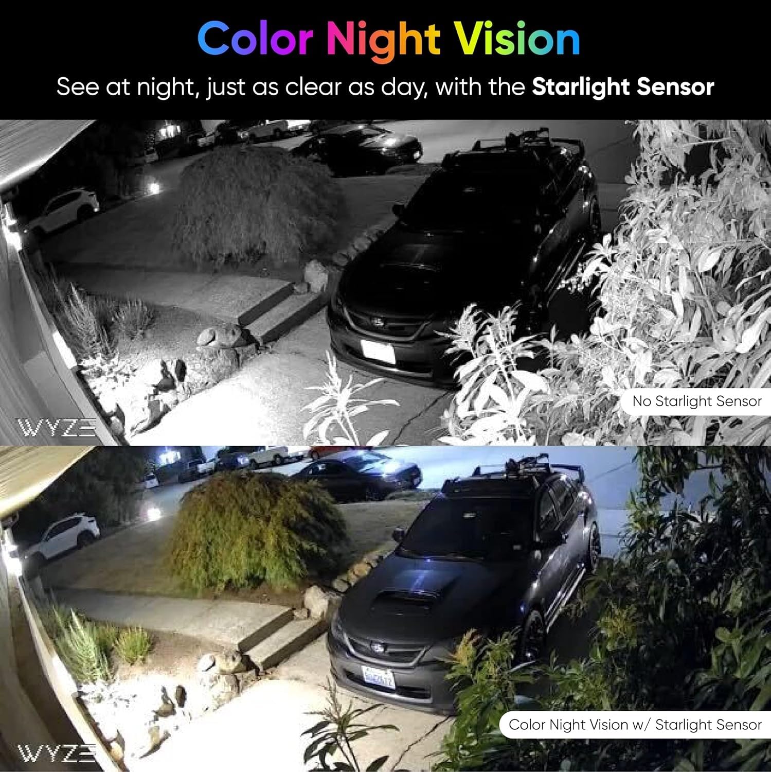 Wyze Cam v3 color night vision with Starlight Sensor for vivid detail in low light.