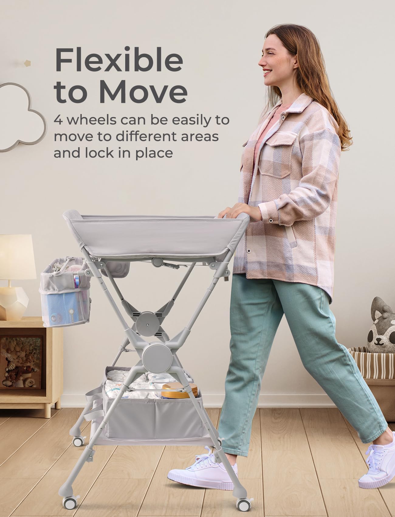 XAPROO folding changing table folds flat for compact storage in small spaces.