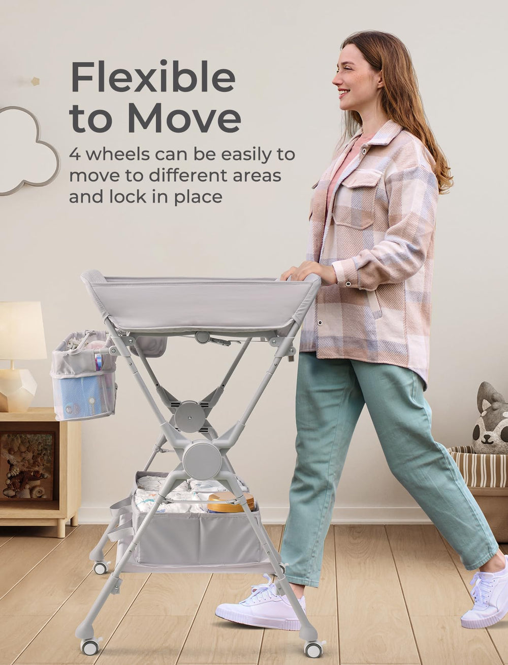 XAPROO folding changing table folds flat for compact storage in small spaces.