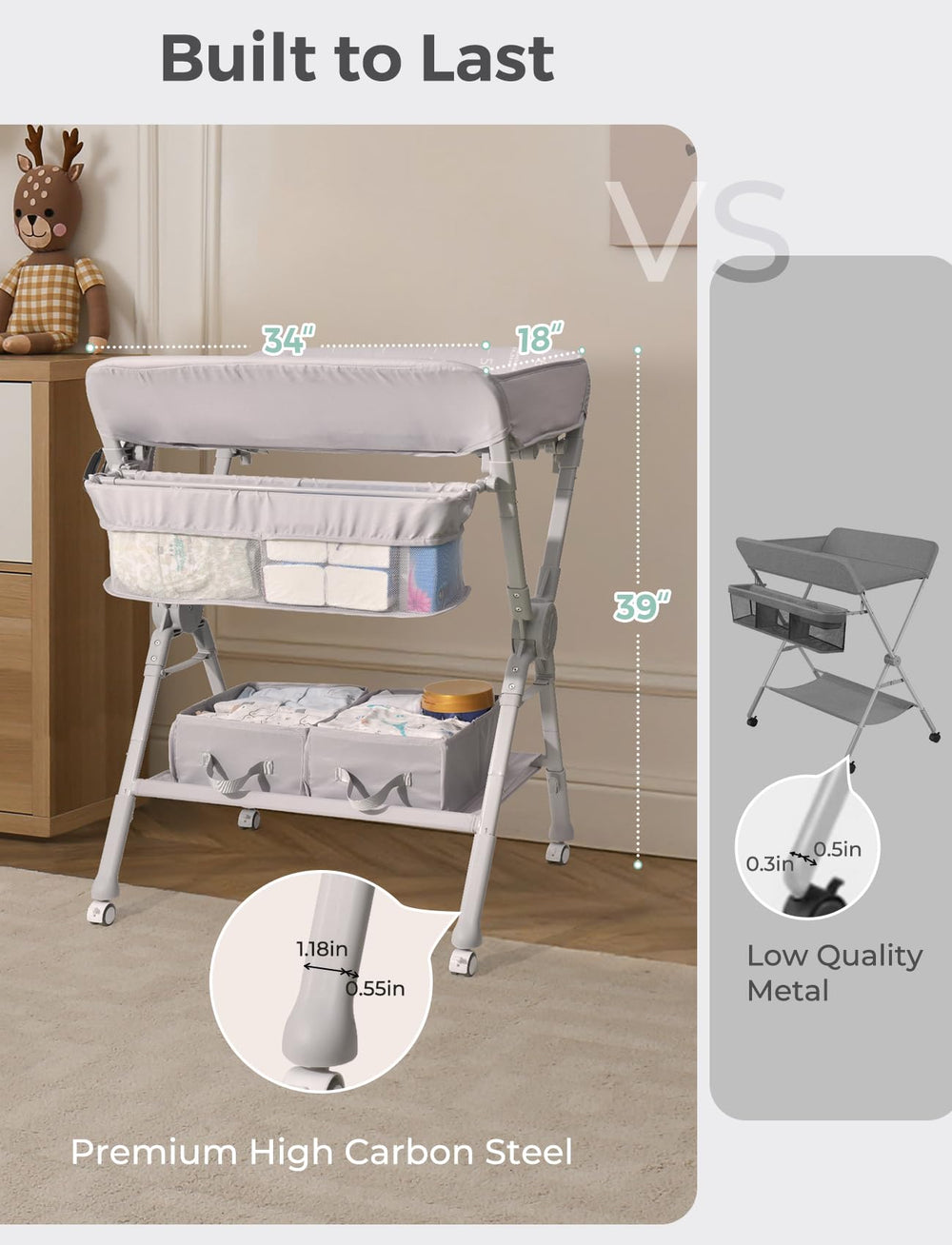 XAPROO safety frame with perimeter rail ensures secure, stable diaper changes.