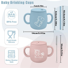 XccMe Dino Sippy Cup with blue handles encourages self-feeding on the go.
